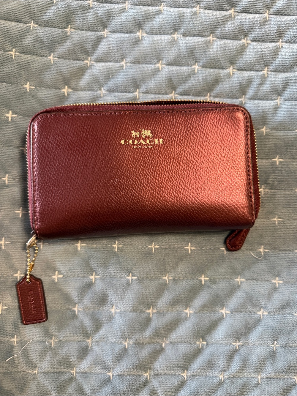 Coach Leather Zip Wallet in Deep Burgundy with Gold Logo